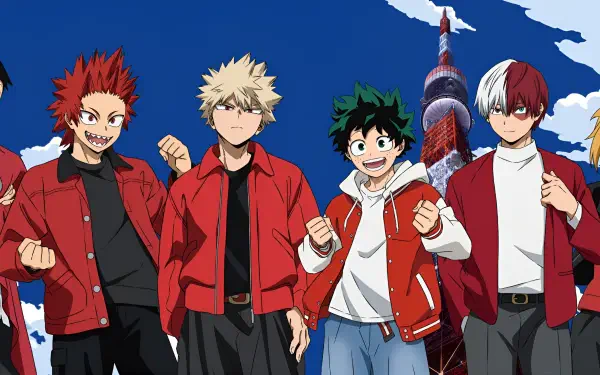 HD PC desktop wallpaper featuring four main characters from the anime My Hero Academia, standing confidently against a clear blue sky with a tower in the background.