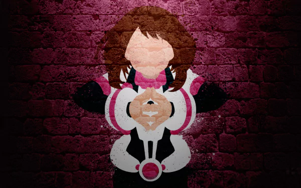 HD desktop wallpaper featuring Ochaco Uraraka from the anime My Hero Academia, depicted against a textured brick wall background with her iconic hero costume.