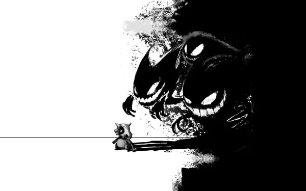 A striking HD anime wallpaper featuring a small Pokémon against a dark, abstract background with menacing eyes, creating a dramatic contrast and captivating visual interest.