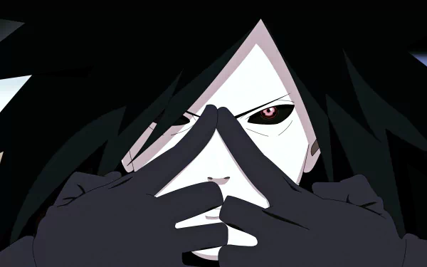 HD desktop wallpaper featuring Madara Uchiha from the anime Naruto, showcasing his intense gaze and signature hand signs against a dark background.