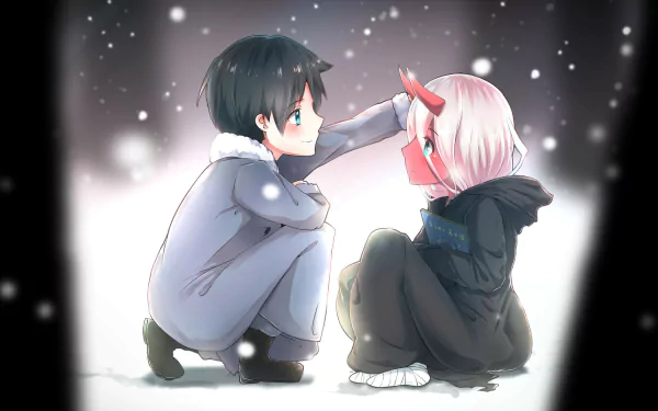 Anime characters Hiro and Zero Two from Darling in the FranXX sharing a moment in the snow. Hiro has blue eyes and black hair, while Zero Two has pink hair and horns. HD desktop wallpaper and background.