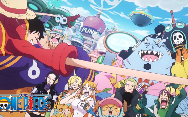 HD PC desktop wallpaper featuring vibrant One Piece anime characters in an action-packed scene with colorful futuristic cityscape and iconic series elements.