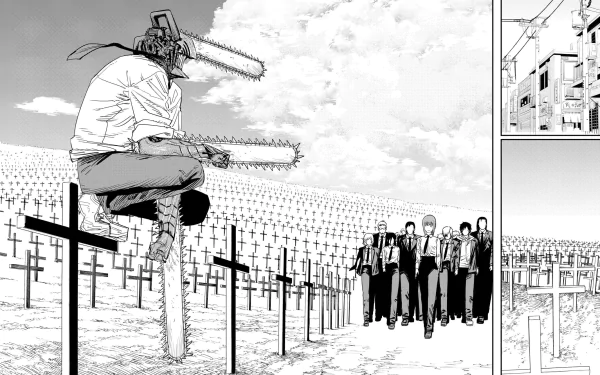 Black-and-white HD anime desktop wallpaper from Chainsaw Man, featuring a character with chainsaw arms sitting on a post in a field of crosses, facing a group of people.