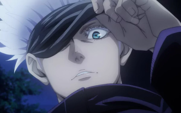 HD PC desktop wallpaper featuring an intense close-up of Satoru Gojo from the anime Jujutsu Kaisen, showcasing his distinctive blindfold and striking blue eye.