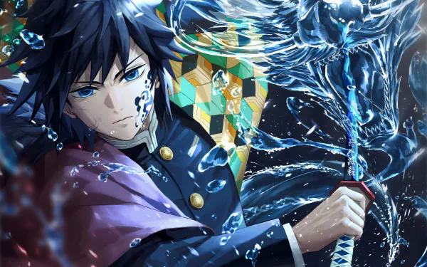 An HD wallpaper featuring Giyuu Tomioka from Anime Demon Slayer: Kimetsu no Yaiba, showcasing his fierce expression surrounded by swirling water.