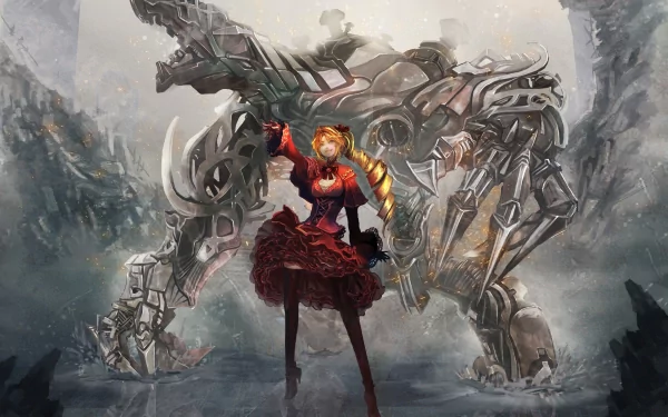 An original anime HD desktop wallpaper featuring a striking character in a red dress standing confidently before a massive, intricately designed robot in a dramatic landscape.