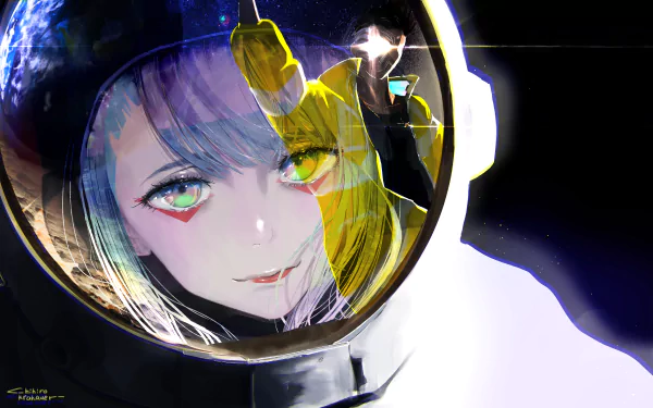 4K Ultra HD anime wallpaper featuring Lucy from Cyberpunk: Edgerunners, showcasing her detailed face inside a space helmet against a dark background.