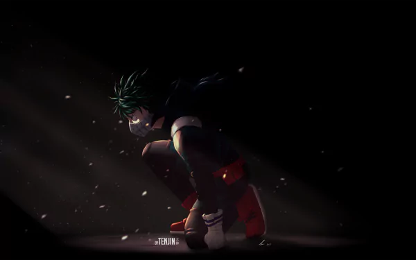 HD desktop wallpaper of Izuku Midoriya from My Hero Academia in a dark setting, crouching while wearing his hero costume with dramatic lighting.