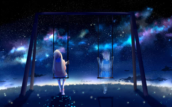 Anime HD wallpaper showcasing two figures on swings under a starry night sky. The scene is serene, with vibrant celestial colors adding depth and a sense of wonder.