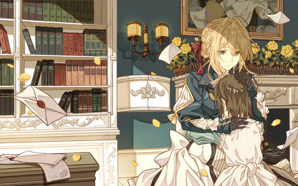 HD desktop wallpaper featuring Violet Evergarden, an anime character, in a warm, elegant room with scattered letters and falling petals, embracing a girl in a comforting manner.