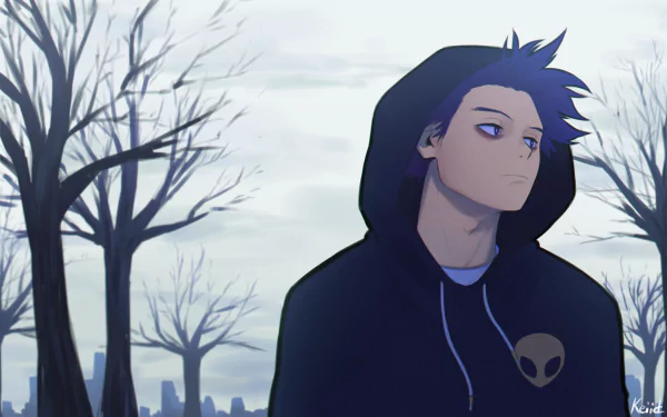 HD desktop wallpaper featuring Hitoshi Shinso from My Hero Academia, wearing a black hooded sweatshirt with an alien emblem, set against a backdrop of barren trees and a cloudy sky.
