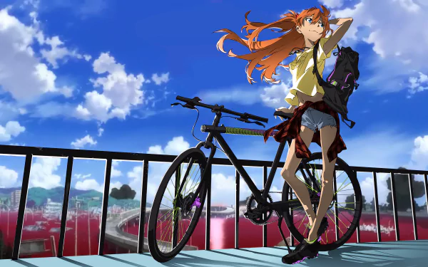 HD wallpaper featuring Asuka Langley Sohryu from Neon Genesis Evangelion, standing beside a bike against a scenic city backdrop with a bright blue sky.
