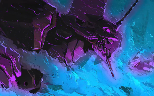 HD desktop wallpaper featuring Evangelion Unit-01 from the anime Neon Genesis Evangelion, showcasing a vibrant and dynamic scene with striking purple and blue colors.