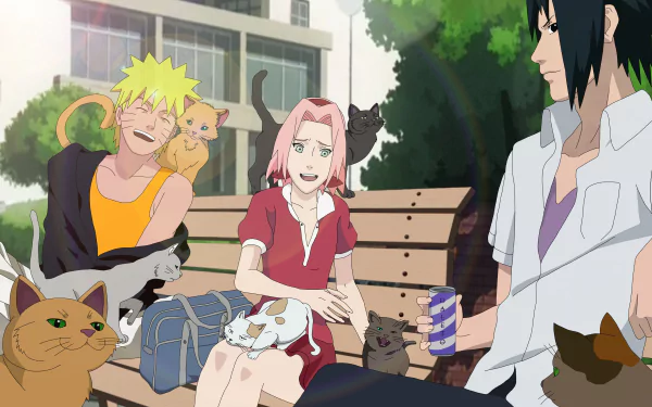 A vibrant HD wallpaper featuring Naruto Uzumaki, Sasuke Uchiha, and Sakura Haruno surrounded by playful cats, capturing a fun moment in the Naruto anime series.