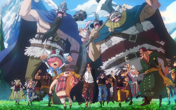 4K Ultra HD One Piece anime wallpaper featuring the Straw Hat crew and giants in a vibrant outdoor setting, showcasing dynamic poses and detailed character designs.