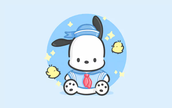 HD desktop wallpaper featuring the anime character Pochacco, with a blue backdrop and cute yellow birds.