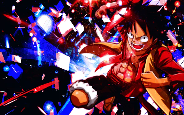 HD wallpaper featuring Monkey D. Luffy from the anime One Piece, depicted in an action-packed, vibrant scene with dynamic backgrounds and intense colors.