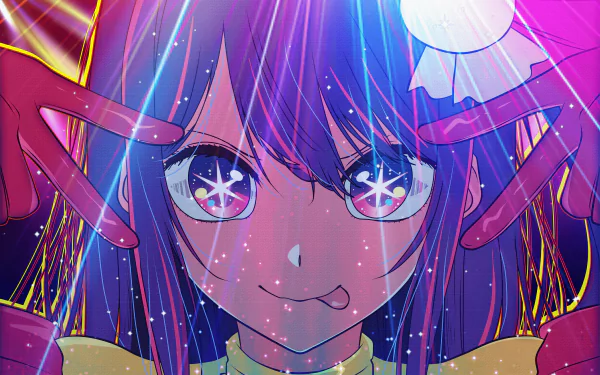 4K Ultra HD anime wallpaper of Ai Hoshino from Oshi no Ko, featuring vibrant colors and glowing star patterns in her eyes against a neon-lit background.