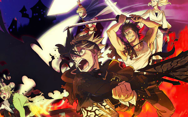 Anime-inspired Black Clover scene with dynamic characters in battle poses, vivid flames, and dark castle silhouettes, rendered in stunning 4K Ultra HD for PC desktop wallpaper.