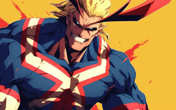 HD wallpaper featuring All Might from My Hero Academia, showcasing his iconic smile and powerful pose against a vibrant yellow background. A striking anime presence for your desktop.