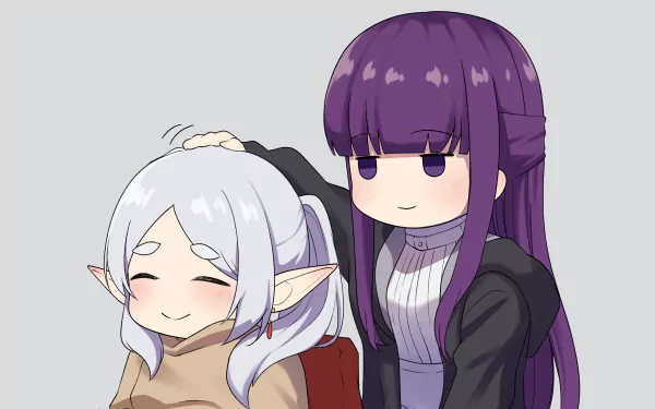 Anime-style 4K Ultra HD wallpaper from Frieren: Beyond Journey's End featuring characters Frieren and Fern with a soft, heartwarming moment.