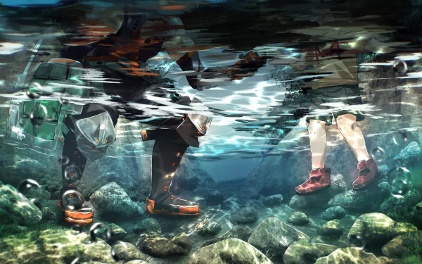 Underwater scene from My Hero Academia anime, showing characters' legs and feet above rocks and water, designed as an HD PC desktop wallpaper and background.