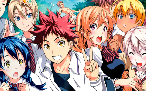 HD wallpaper featuring characters Megumi Tadokoro, Satoshi Isshiki, Ryōko Sakaki, Shun Ibusaki, Yūki Yoshino, Ikumi Mito, Takumi Aldini, Isami Aldini, Alice Nakiri, Sōma Yukihira, and Erina Nakiri from Shokugeki no Soma.