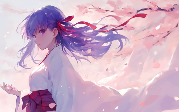 HD desktop wallpaper featuring the anime character Sakura Matou from the Fate series, with flowing purple hair and traditional clothing, standing amidst a backdrop of soft pink cherry blossoms.