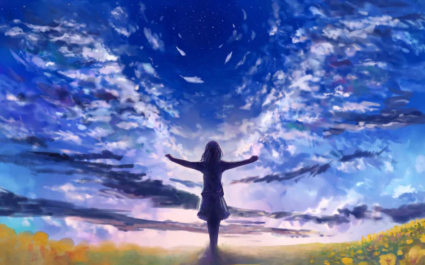 HD wallpaper featuring an anime girl with arms outstretched, standing in a vibrant field under a stunning, starry twilight sky.