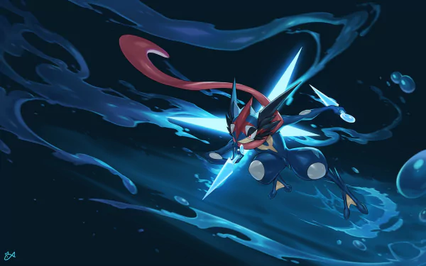 HD PC desktop wallpaper featuring Greninja, the water and ninja-themed Pokémon, in an anime-style dynamic pose with glowing water effects against a dark background.