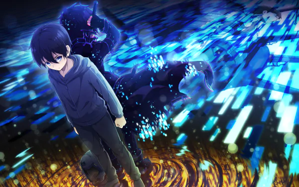 HD PC desktop wallpaper featuring Kirito from Sword Art Online in a dynamic anime scene with blue digital and glowing effects.