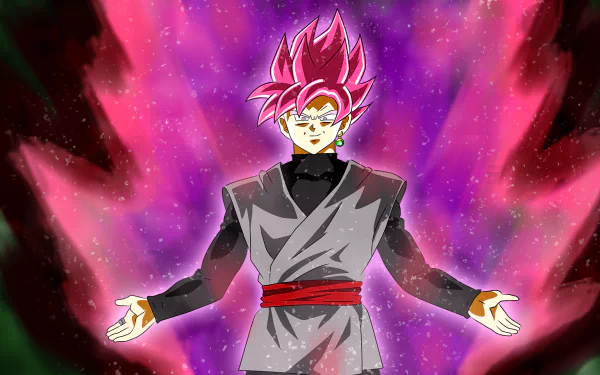 HD desktop wallpaper featuring Black Goku in his Super Saiyan Rosé form from Dragon Ball Super, surrounded by a vibrant, pink and purple aura.