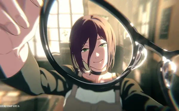 Anime HD PC desktop wallpaper and background: Reze (Chainsaw Man) smiling through a held lens, warm sunlight streaming through a window, soft bokeh and a cozy interior.
