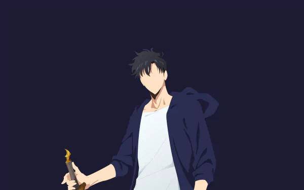 Minimalist anime-style 4K Ultra HD wallpaper featuring Sung Jin-Woo from Solo Leveling holding a dagger against a dark background.