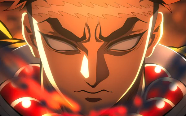 Close-up 4K Ultra HD anime wallpaper of Gyomei Himejima from Demon Slayer: Kimetsu no Yaiba, showcasing intense expression and fiery background.