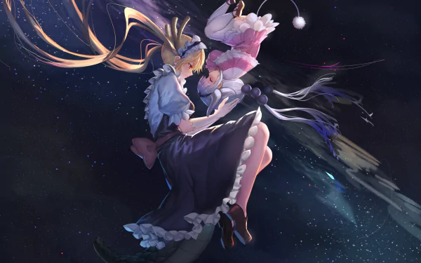 HD desktop wallpaper featuring Tohru and Kanna Kamui from the anime Miss Kobayashi's Dragon Maid, floating gracefully in a starry night sky background.