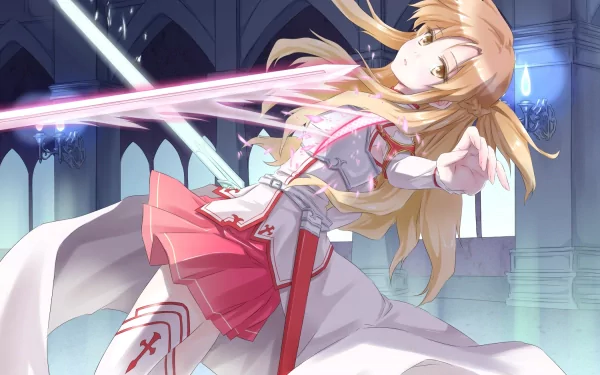 HD desktop wallpaper of Asuna Yuuki from Sword Art Online, wielding a sword with a determined expression, set against an intricate background. This anime image captures Asuna’s dynamic action and elegance.