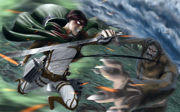 HD desktop wallpaper featuring Levi Ackerman attacking the Beast Titan, also known as Zeke Yeager, from the anime Attack on Titan. The dynamic scene captures intense action and dramatic motion.