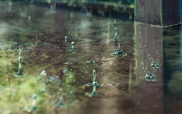 Close-up view of raindrops splashing on a wet surface, rendered in stunning detail from the anime The Garden of Words, captured in 8K Ultra HD for PC desktop background.