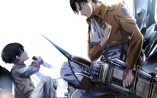 HD desktop wallpaper featuring Levi Ackerman from Attack on Titan, depicted crouching down in a detailed anime scene with another character holding a knife.