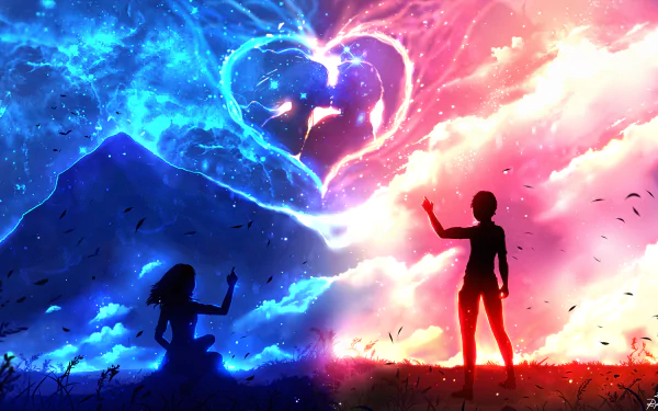 HD anime wallpaper featuring a couple reaching towards each other against a stunning backdrop of blue and red skies, with a glowing heart shape in the center.