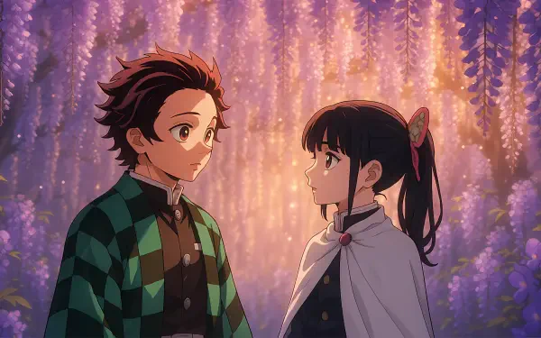 Anime-style 4K Ultra HD wallpaper featuring Kanao Tsuyuri and Tanjiro Kamado from Demon Slayer: Kimetsu no Yaiba standing amidst glowing wisteria flowers.