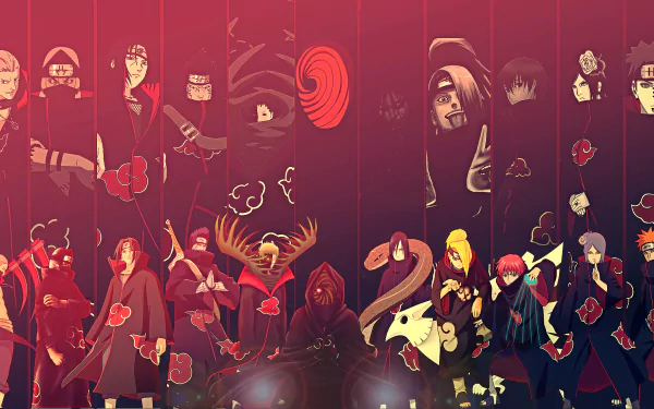 This HD desktop wallpaper features characters from Naruto: Pain, Konan, Sasori, Deidara, Orochimaru, Obito Uchiha, Zetsu, Kisame Hoshigaki, Itachi Uchiha, Kakuzu, and Hidan.