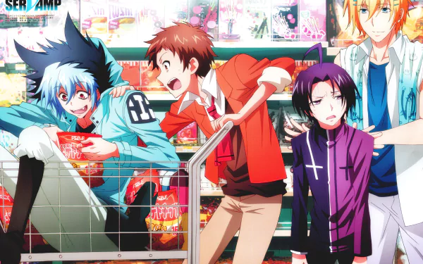HD desktop wallpaper featuring characters from the anime Servamp, showing a lively scene in a store. Characters are interacting playfully around a shopping cart filled with items.