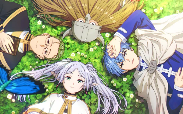 HD Anime Wallpaper featuring characters Frieren and Himmel from 'Frieren: Beyond Journey's End' lying on a bed of greenery, gazing contentedly upwards.