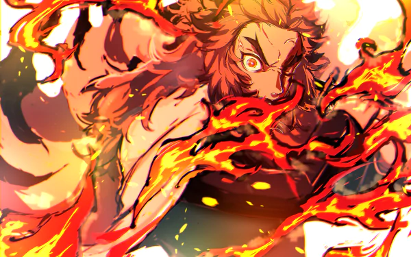 HD desktop wallpaper featuring Kyojuro Rengoku, a character from the anime Demon Slayer: Kimetsu no Yaiba, surrounded by vibrant flames.