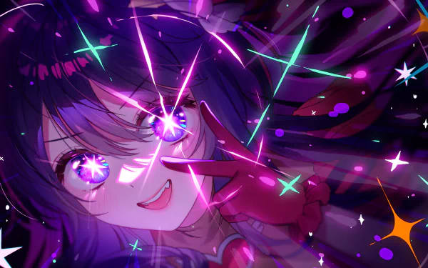 HD desktop wallpaper featuring Ai Hoshino from the anime Oshi no Ko. The vibrant image showcases Ai with a dynamic expression, surrounded by colorful lights and stars in a mesmerizing background.