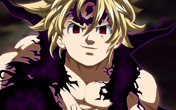 HD wallpaper featuring Meliodas from The Seven Deadly Sins, with blonde hair, red eyes, and dark energy swirling around him, showcasing an intense and powerful expression.
