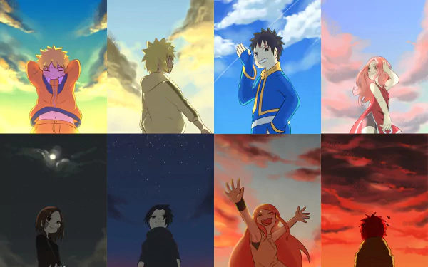 HD desktop wallpaper featuring collage of Naruto characters: Naruto Uzumaki, Minato Namikaze, Kushina Uzumaki, Rin Nohara, Obito Uchiha, Sasuke Uchiha, Sakura Haruno, and Gaara against vibrant skylines.