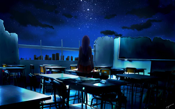 Anime HD desktop wallpaper showcasing a classroom at night, with a girl standing near the window, gazing at the starry sky.